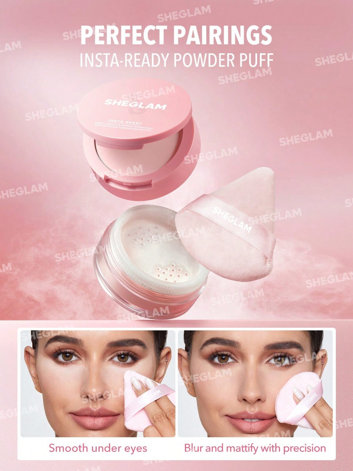 شيجلام دبل بودر بينك باببلجام ( لوس + كومباكت بودر ) Sheglam Insta Ready Face & Under Eye Setting Powder Duo Bubblegum